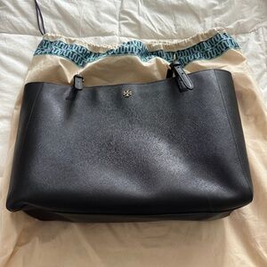 Tory Burch Large Black York Saffiano Leather Tote with Gold Buckles